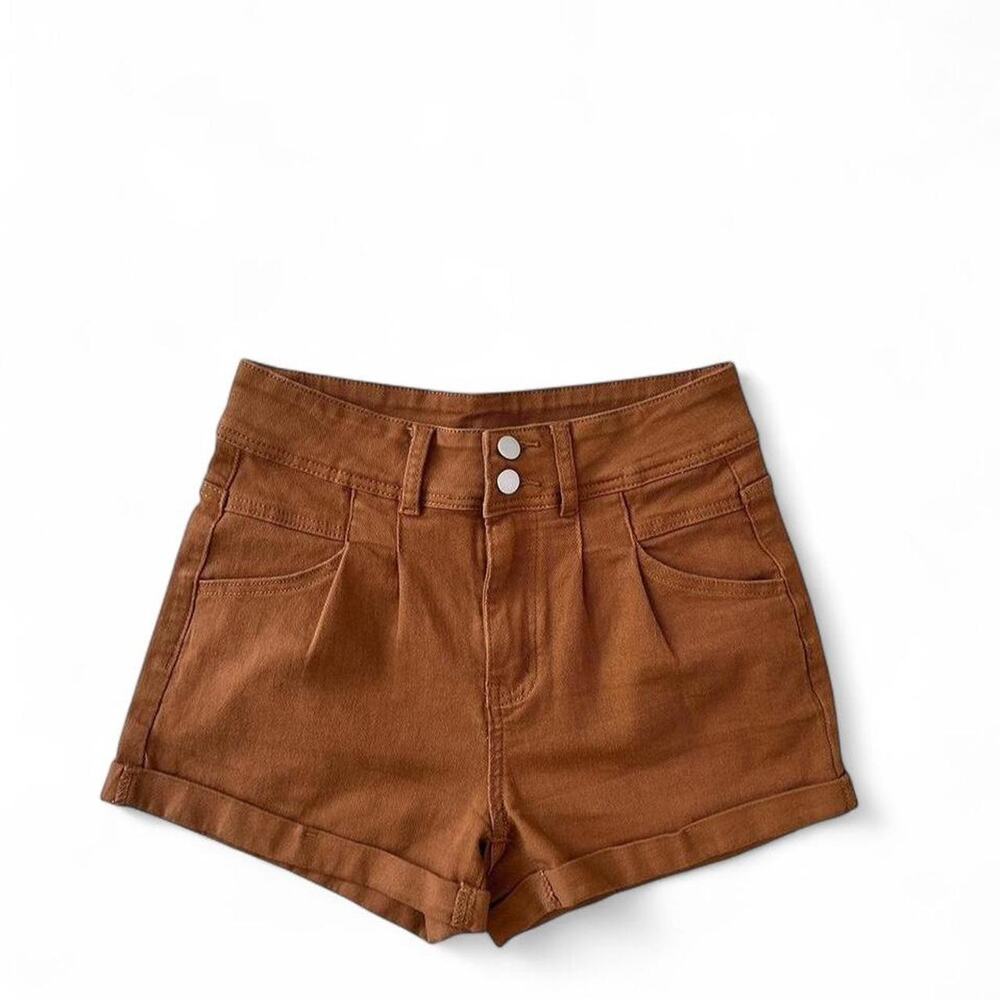 High Rise Brown Denim Shorts Caramel Cuffed Hem Western Women’s Medium